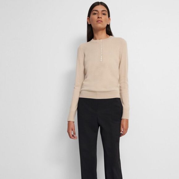 Theory Button Placket Henley Cashmere Sweater Pale Sand S - Picture 8 of 8